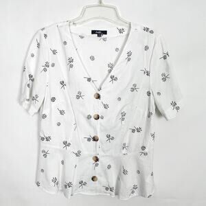 Angels Linen Blend Floral White Ruffle Hem Button Front Top Size Medium